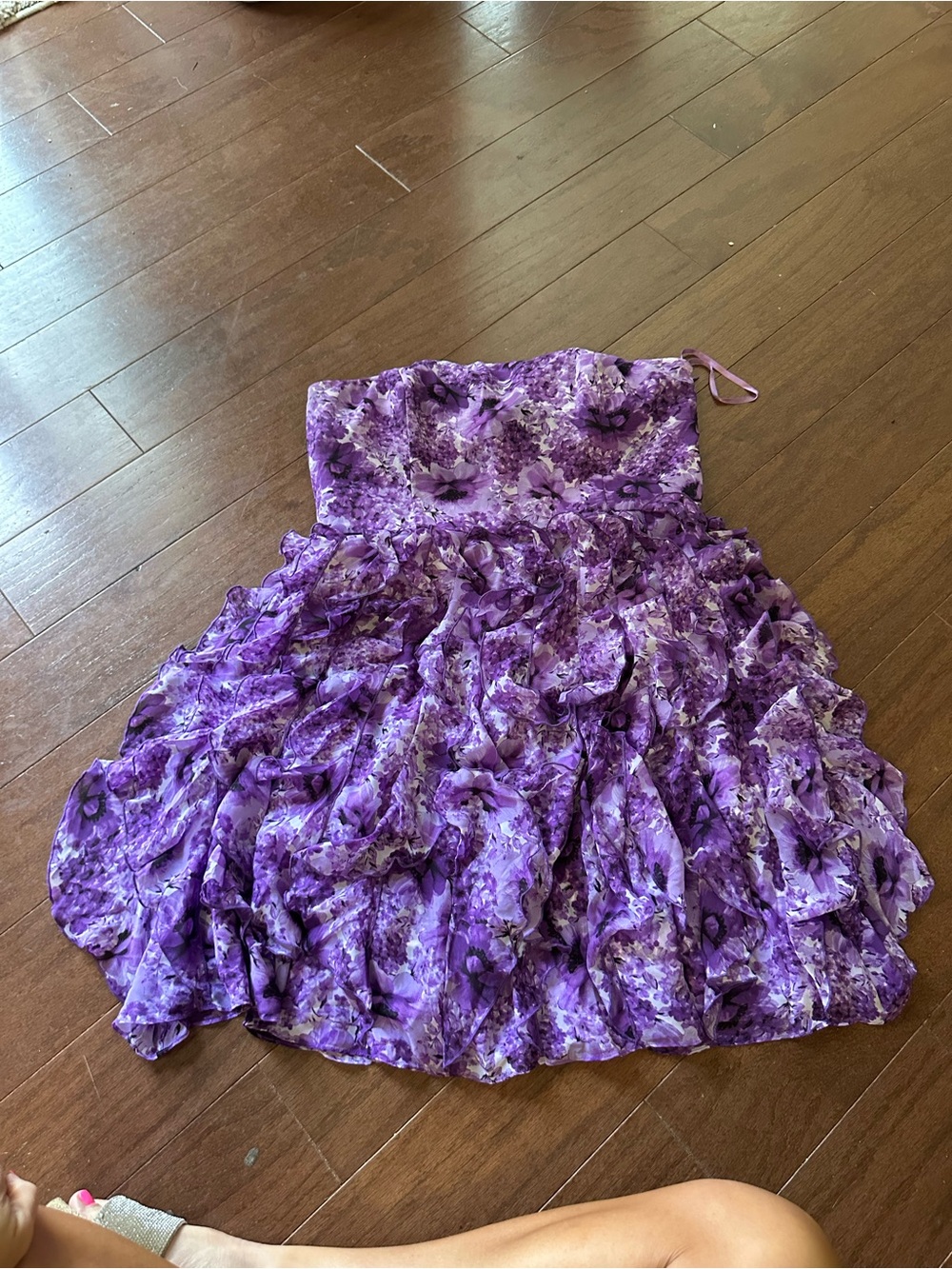 White House Black Market Purple Floral Strapless Ruffle Dress
